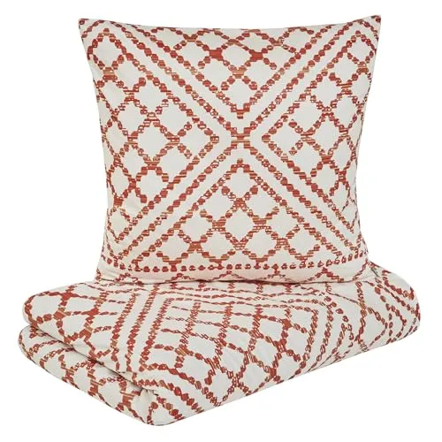 Satinbettwäsche Hana rotorange/wollweiss 135x200 cm - Bettwäsche nach Material. Weiche Satinbettwäsche aus 100% Baumwolle mit Boho-Design, temperatur- und feuchtigkeitsausgleichend, leicht zu beziehen dank Reißverschlüssen.