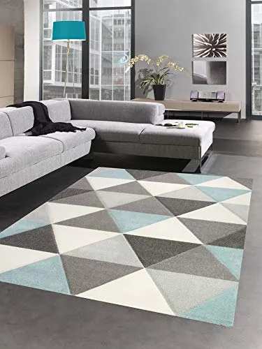 CARPETIA Teppich Wohnzimmerteppich Dreieck blau grau Creme Größe 80x150 cm