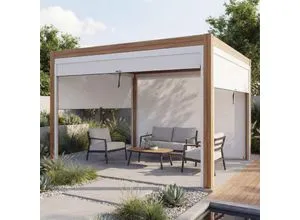 Pergola MCW-L46 mit Seitenwand und Lamellendach – 3x3m, sturmfest - Stilvolle Pergola mit drehbaren Lamellen für individuell regulierbaren Schatten. Inklusive 4 Seitenwänden und wasserdichter Regenrinne – perfekt für entspannte Stunden im Garten.
