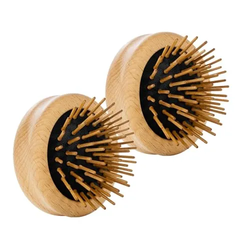 REMOS Haarbürste mini, faltbar mit Holzstiften aus Buchenholz, runde kompakte Entwirrbürste 2x