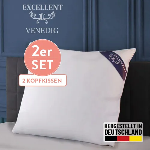 Excellent Federkissen Venedig, 2-tlg Set - Kissen-Set für optimalen Schlafkomfort, mit atmungsaktiver Baumwollhülle und allergikerfreundlicher Füllung aus 85% Federn & 15% Daunen.