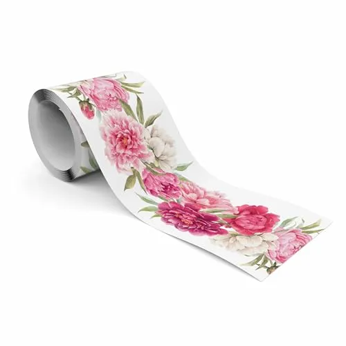 Muralo - Selbstklebende Bordüre - Tapetenbordüre Wandbördure - Dekorative Wandtatto für Wände, Möbel, Decken, Tapeten, Wandverkleidungen, Türen - Rosa Pfingstrosen - Br.10cm x Hö.300cm