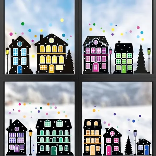 younikat Fensterbild Weihnachten Bunte Häuschen 87 Teile I bunt transparent I statisch haftend wiederverwendbar I Advent-Zeit I dv1533