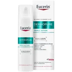 Eucerin Dermopure Clinical Triple Action Creme - 3-fach tiefenwirksame Gesichtscreme für unreine Haut, die gezielt Pickel und Mitesser reduziert. Die ölfreie Formel zieht schnell ein und sorgt für ein klareres Hautbild.