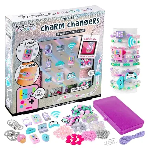 Fashion Angels Basic Fun Charm Changers – Tech Team Schmuck-Kit für Mädchen – enthält 8 niedliche Tech-Anhänger, Perlen & Halsketten – Kreiert Freundschaftsarmbänder und -halsketten – 6+ Jahre alt
