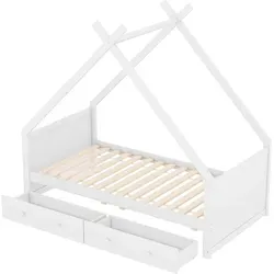 Kinderbett Weiß 90x200 cm mit Hausform und Stauraum - Hochwertiges Kinderbett aus Kiefernholz und MDF, mit kreativem Hausdesign und zwei praktischen Schubladen für optimalen Stauraum. Ideal für ein stilvolles Kinderzimmer!