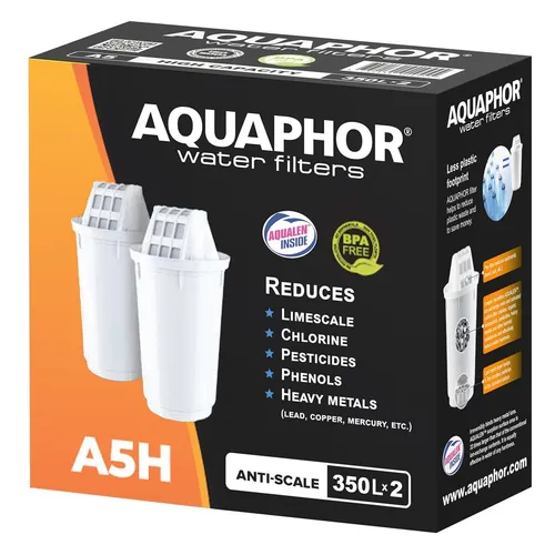 AQUAPHOR Kalk- und Wasserfilter A5H für hartes Wasser, Pack 2 Filterkartuschen, Bis zu 350 l. Kap., Zubehör für, Tischwasserfilter Provence, Smile, Prestige, AQUALEN Technologie