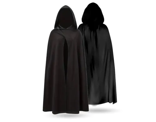 Vampir Halloween Kostüm schwarz - Umhang mit Kapuze für Kinder & Erwachsene - Kostüme für alle Altersgruppen: Klassischer schwarzer Umhang mit Kapuze, ideal für Vampir-Verkleidungen und vielseitige Anlässe wie Halloween und Karneval. Hochwertiges, leichtes Material sorgt für Komfort und Langlebigkeit.