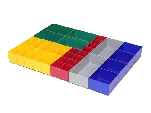 1a-TopStore 32-teiliges Universal-Einsatzkasten-Set - Praktisches Set für Schubladen mit Innenmaßen von 600 x 440 x 63 mm. Flexibel anpassbare Kästen aus robustem Polystyrol, ideal für eine ordentliche Werkstattorganisation.