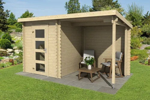 Gartenhaus Blockhaus Pultdach 28 mm Jelle Plus 390x195 cm - Gartenhaus aus hochwertigem Holz mit 2.87 m² Nutzfläche, abschließbar und ideal für die Aufbewahrung von Gartengeräten oder als Freisitz.