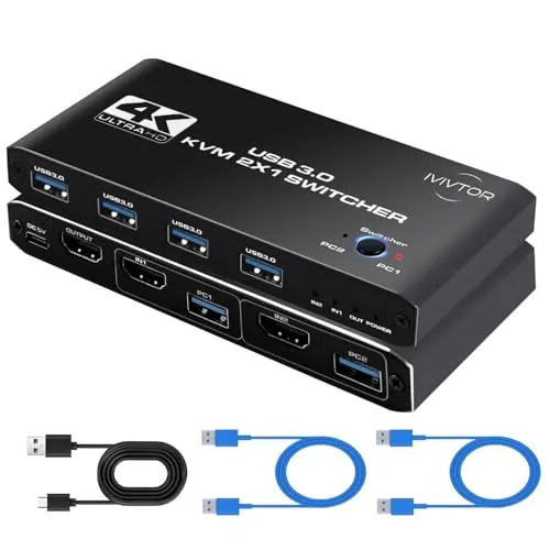 IVIVTOR KVM Switch HDMI 4K - 2 Computer, 1 Monitor - KVM-Switch für 2 PCs mit 4 USB 3.0 Ports, ermöglicht einfache Steuerung und schnellen Datentransfer, ideal für Büros und Multimedia-Anwendungen.