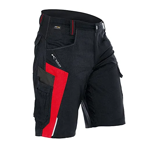 KÜBLER BODYFORCE Arbeitsshorts - schwarz/mittelrot, Größe 42 - Hochwertige Arbeitsshorts mit CORDURA-Verstärkungen, ideal für Handwerk und Industrie. Ergonomische Taschen für Werkzeug und Smartphone bieten praktischen Komfort.
