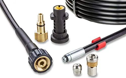 Rohrreinigungsschlauch für Hochdruckreiniger 15m, 200bar- Rohrreinigungsset geeignet für Kärcher, Parkside, Lavor, Bosch Professional – Starre Düse, Rotierende Düse KNOFER