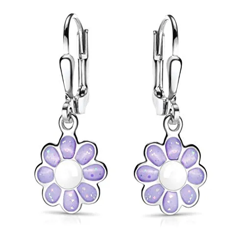 MATERIA Kinderohrringe Blume Silber 925 Mädchen - Ohrhänger Blüten Hänger Kinderschmuck Emaille lila SO-400-Lila
