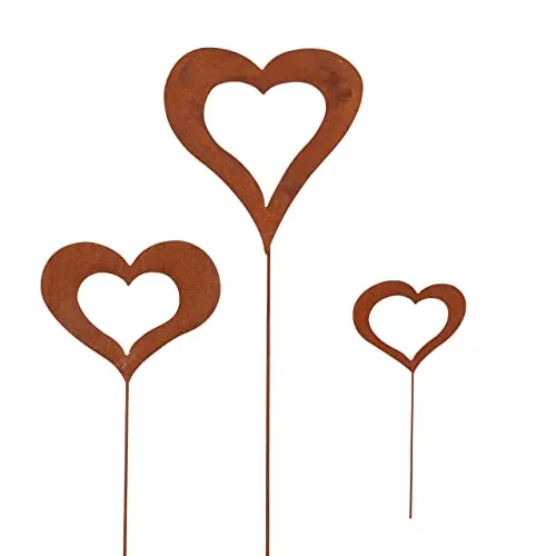 UNUS Gartendeko Gartenstecker Blumentopf Deko Stecker Herz aus Edelrost Metall 3er Set