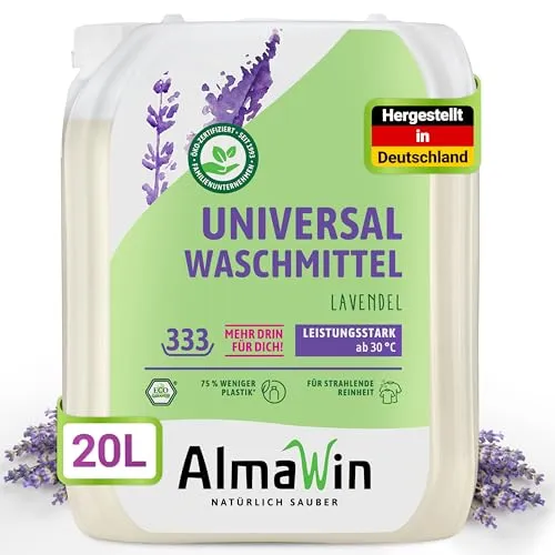 AlmaWin Universalwaschmittel Lavendel 20 Liter - Veganes Waschmittel für Baumwolle und Mischgewebe, dermatologisch getestet, mit natürlichen Lavendelduft und für 333 Waschladungen geeignet – umweltfreundlich im Großgebinde.