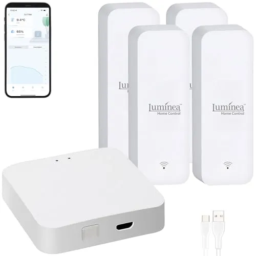 Luminea Home Control WLAN Temperatursensor: 4er-Set Temperatur- & Feuchtigkeits-Sensoren + WLAN-Gateway, App (Temperaturfühler, Datenlogger, Luftbefeuchter für Heizung)