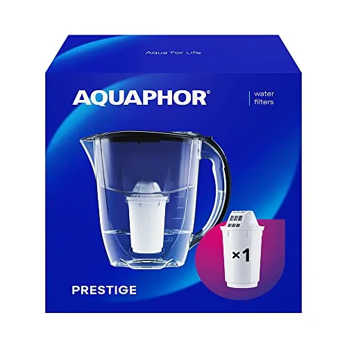 AQUAPHOR Wasserfilter Kanne Prestige Schwarz inkl. 1 A5 Filter I Karaffe für 2,8l I Passt in die Kühlschranktür I Reduziert Kalk & Chlor I Tischwasserfilter I Praktische Filterkanne