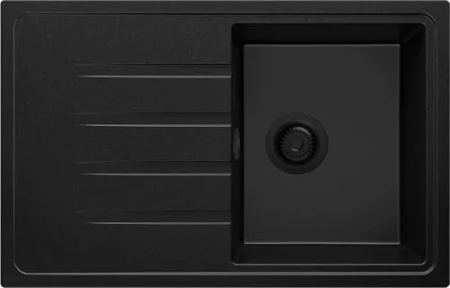 PRIMAGRAN Spülbecken Alles Schwarz 78x50cm, Granitspüle 1 Becken + Ablauf-Set, Küchenspüle ab 45er Unterschrank - Mailand S007