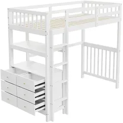 Hochbett,Einzelbett(Weiß)Kinderbett,vertikale Sicherheitsleiter,Schubladen und Regale, hohes Zaundesign, Lattenrost, Bett aus Kiefernholz, aus Holz - Weiß