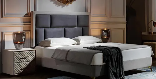 Schlafzimmer Set 3-teilig: Bett mit 2 Nachttischen - Modernes Schlafzimmer Set für Erwachsene, bestehend aus Bett (180x200 cm) und 2 Nachttischen. Stilvolles Design in Grau, ideal für Gäste- und Schlafzimmer. Kein Montageaufwand nötig.