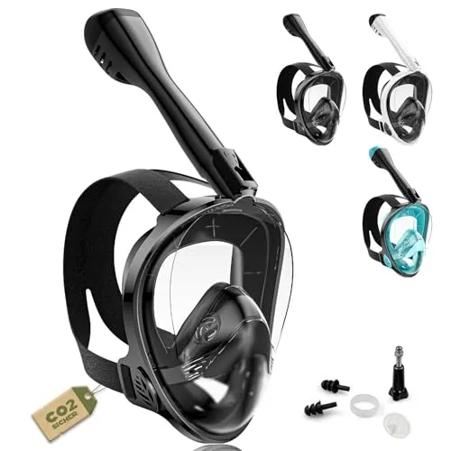 Schnorchelmaske Erwachsene Vollgesichtsmaske – CO₂ sicher - Taucherbrillen mit CO₂-Zertifizierung und innovativem Belüftungssystem für sicheres Atmen. Inklusive Tragetasche und Ohrstöpsel für den perfekten Tauchgenuss.