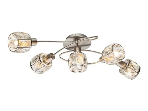 Elegante Deckenleuchte mit Kristall Glasschirmen - Moderne 5-flammige Deckenleuchte in Silber matt mit dimmbaren E14 LED Filamenten, ideal für stimmungsvolles Licht in Wohnräumen.