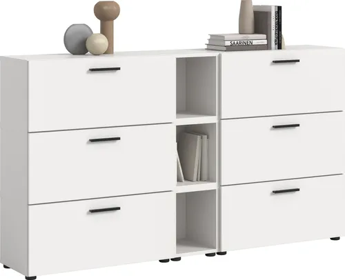 xonox.home Wohnkombination The One in Weiß - Moderne Wohnkombination in Weiß für stilvolle Ordnung im Wohnzimmer oder Jugendzimmer. Mit 6 Klappen und 12 Fächern bietet sie viel Stauraum und pflegeleichte Oberflächen für einfachen Einsatz.