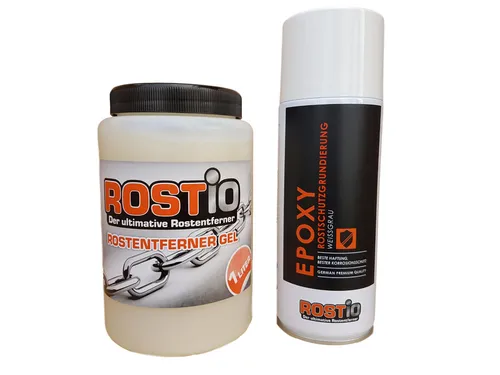 Rostio Rostentferner Gel 1 Liter + Epoxy EP Rostschutz-Grundierung Rostumwandler