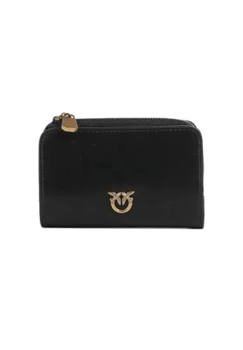 Pinko Damen-Geldbörse aus schwarzem Leder, 12 x 8 x 2,5 cm, mit Knopfverschluss, Kartenfächer, Geldbörse außen, Galvanik antikes Gold