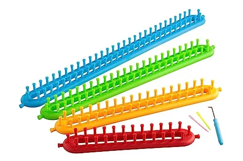 Quilted Bear-Strickrahmen – dichtes Zahnstrick-Webstuhl-Set mit Haken und Wollnadel, 4 Größen (rot 26 cm, gelb 36 cm, grün 47 cm, blau 57 cm) – Anleitung inklusive. Perfekt für Anfänger und Kinder.