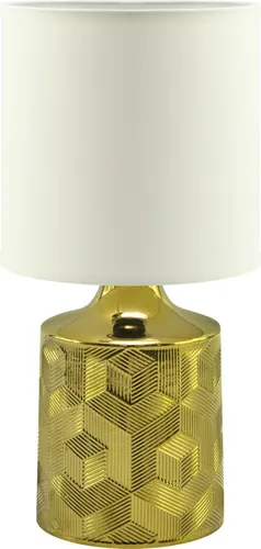 Nachttischleuchte Keramik Stoff E14 31 cm hoch in Gold Weiß - Moderne Tischleuchte aus Keramik und Stoff, ideal für Wohnzimmer oder Schlafzimmer. Die elegante gold-weiße Kombination sorgt für stilvolles Licht und Atmosphäre.