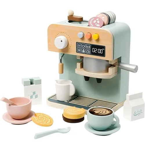 Kinder Kaffeemaschine Spielset, 23PCS hölzerne Küche Spielzeug, Spielen Küche Zubehör für Kleinkinder, Espressomaschine Spielset, Geschenk für Jungen und Mädchen 3 4 5 Jahre