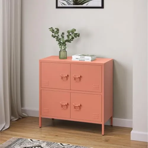 skølm Zandor Metall Kommode – Sideboard mit 2 Fächern & 4 Türen – Metallschrank in Terrakotta – kleiner Mehrzweckschrank 80 cm breit – höhenverstellbare Füße – Aufbewahrungsschrank – Wohnzimmerschrank