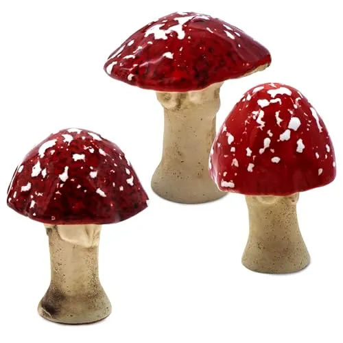 Spetebo Steingut Deko Pilz Gartenfigur 6 cm zum Hinstellen - 3er Set - Fliegenpilz Dekofigur zur Herbstdeko - Gartendeko Pilzfigur Waldpilz Dekofigur Gartenfigur Blumentopf Aufsteller wetterfest