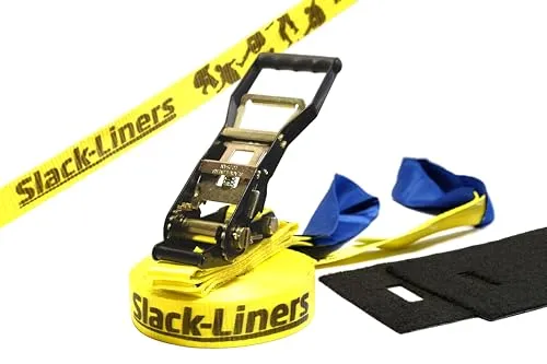 Slack-Liners 4 Teiliges Slackline-Set GELB - 50mm breit, 15m lang - Klettern – Hochwertiges Slackline-Set mit Langhebelratsche für optimale Sicherheit und einfache Handhabung, perfekt für Anfänger und Fortgeschrittene.