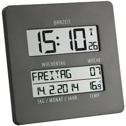 Digitale Funk-Wanduhr Timeline TFA 60.4509.10 - Wanduhren mit Temperaturanzeige und DCF 77 Signal für präzise Zeit. Besonders übersichtliche Anzeige mit Wochentag, Innentemperatur und 2 Weckalarmen.