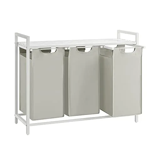 VASAGLE Wäschekorb 3 Fächer, Wäschesammler mit Ablage, Wäschebox, Wäschesack aus Oxford-Gewebe abnehmbar, Metallrahmen, 3 x 40 L, 92,5 x 33 x 72 cm, cremeweiß-mattweiß BLH301W01