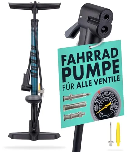 AARON Sport One Fahrrad Standpumpe mit Manometer – Hochdruckpumpe für alle Ventile - Universelle Standpumpe für alle Ventilarten, inklusive Ballaufsatz. Robuste Stahlkonstruktion, leicht bedienbar und bis 11 Bar hochdruckgeeignet. Ideal für Fahrräder, Bälle und mehr.