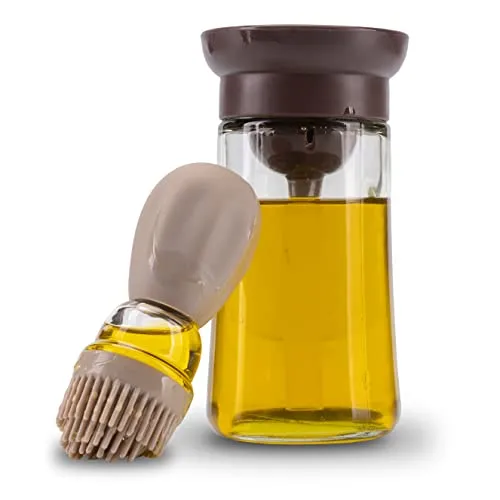 Fino Casa 2in1 Ölflasche mit Pinsel Ölspender Ölsprüher mit Silikonpinsel Glasflasche zum befüllen mit 180ml Öl oder Essig mit Backpinsel (Beige/Hellbraun)