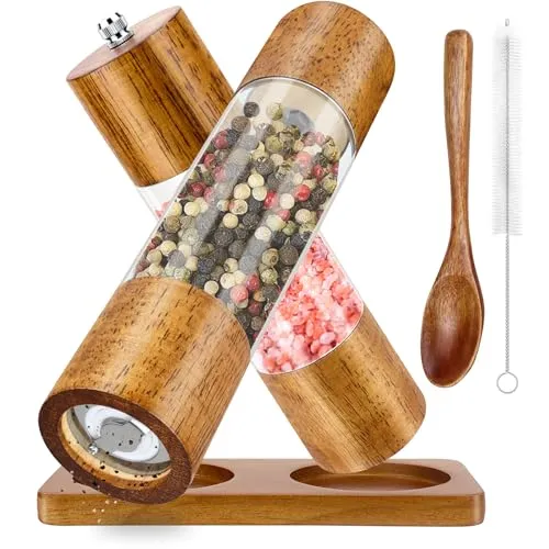 Salz und Pfeffermühle 2er Set, Gewürzmühle Manuell inkl Untersetzer, Reinigungspinsel, Löffel (21,5 cm) - Holz Salzmühle mit Verstellbarem Keramikmahlwerk für Gewürze Pfeffer Salz