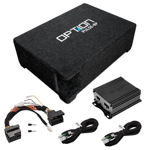 Option Subwoofer Kit Plug & Play kompatibel mit BMW E-Serie (1er, 2er, 3er, 4er, 5er, 6er, 7er, X-Reihe) - AIR-2 Verstärker + PULSE-8P Bassreflex-Downfire-Subwoofer inkl. Plug & Play Anschluss