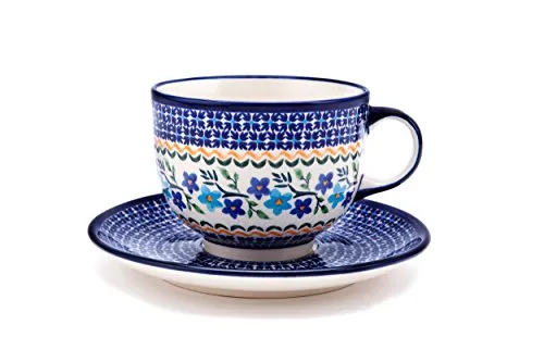 Original Bunzlauer Keramik Tasse mit Untertasse (Milchkaffeetasse) 0.5 Liter Dekor 1154a