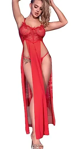 .Chilirose Damen Dessous langes Kleid Gown Body in rot mit Zwei Schlitzen vorn, Frontausschnitt und Spitze teiltransparent elastisch Größe: L