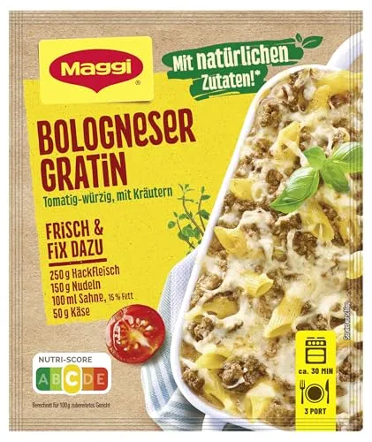 MAGGI Fix für Bologneser Gratin - Würzmischung für 3 Portionen - Fixprodukte für ein schnelles, tomatig-würziges Ofengericht mit Gelingsicherheit. Ideal gewürzt mit natürlichen Zutaten für einen herzhaften Nudelauflauf.