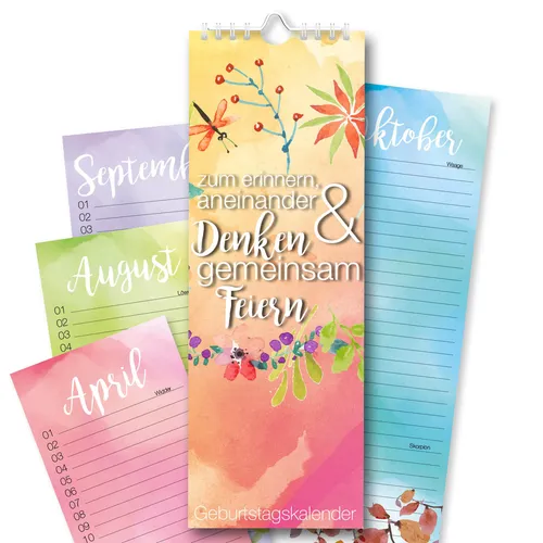 Geburtstagskalender mit Spiralbindung - jahresunabhängig & bunt - Wandkalender für die ganze Familie, 105 x 297 mm, immerwährend und ideal, um nie wieder einen Geburtstag oder Anlass zu vergessen. Hochwertige Verarbeitung, Made in Germany.