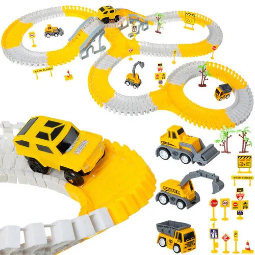 Baustellen Rennbahn Set mit Kran und Baufahrzeugen – 255 Teile Spielzeug