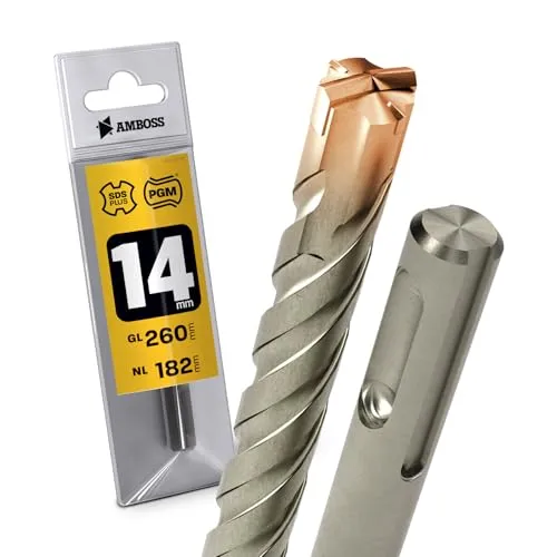 SDS Plus Hammerbohrer 4X Schneiden PGM Ø 14.0mm x 182mm - AMBOSS Werkzeuge SDS Crusher 4 - HM Betonbohrer Hartmetall Profi Bohrer 14.0 mm x 182 - Steinbohrer Stahlbeton Mauerwerk Ziegel Kalksandstein