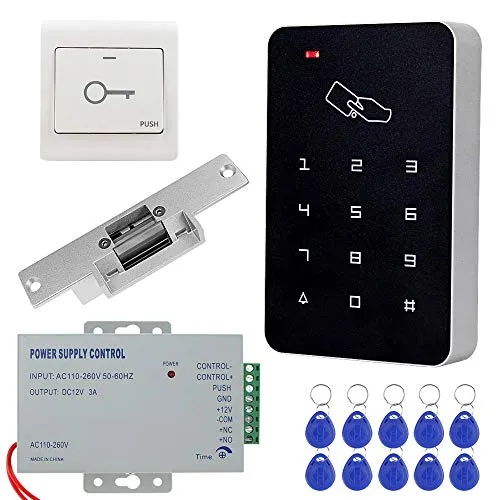 KDL Komplettes RFID-Zutrittskontrollsystem-Kit mit Stand-Along-Tastatur und Schließer, DC12V / 3A-Netzteil, Türausgangstaste, 10 RFID-Schlüsseletiketten