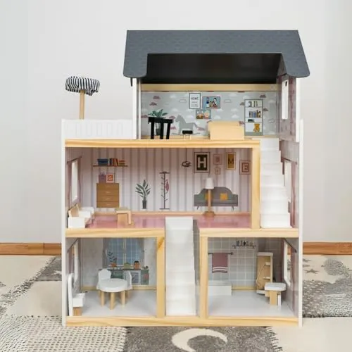 Puppenhaus Lara - Komplett möbliertes Miniaturhaus aus Holz, 3 Etagen, 4 Zimmer und Balkon für kreatives Spielen